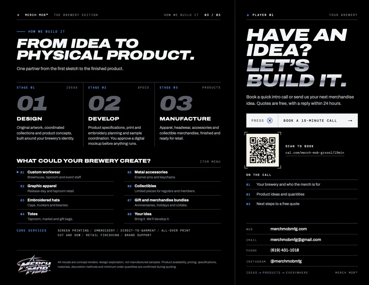 Page 3 of 3, how we build it: From idea to physical product. Three stages, design, develop and manufacture; a menu of eight things a brewery could create; and Have an idea? Let’s build it, with a button and a QR code to book a 15-minute call.